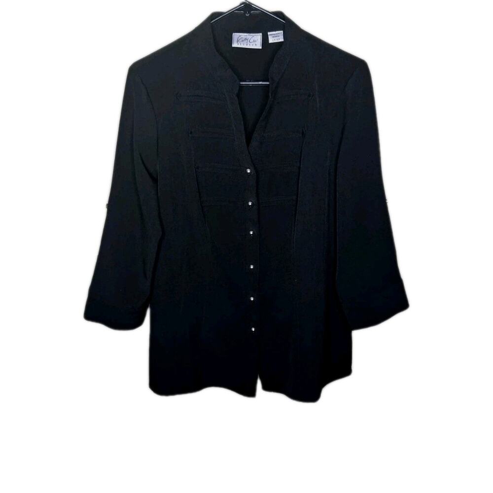 Kathy Che Stretch Black Button Up Blouse Lp/Gp Large Petite